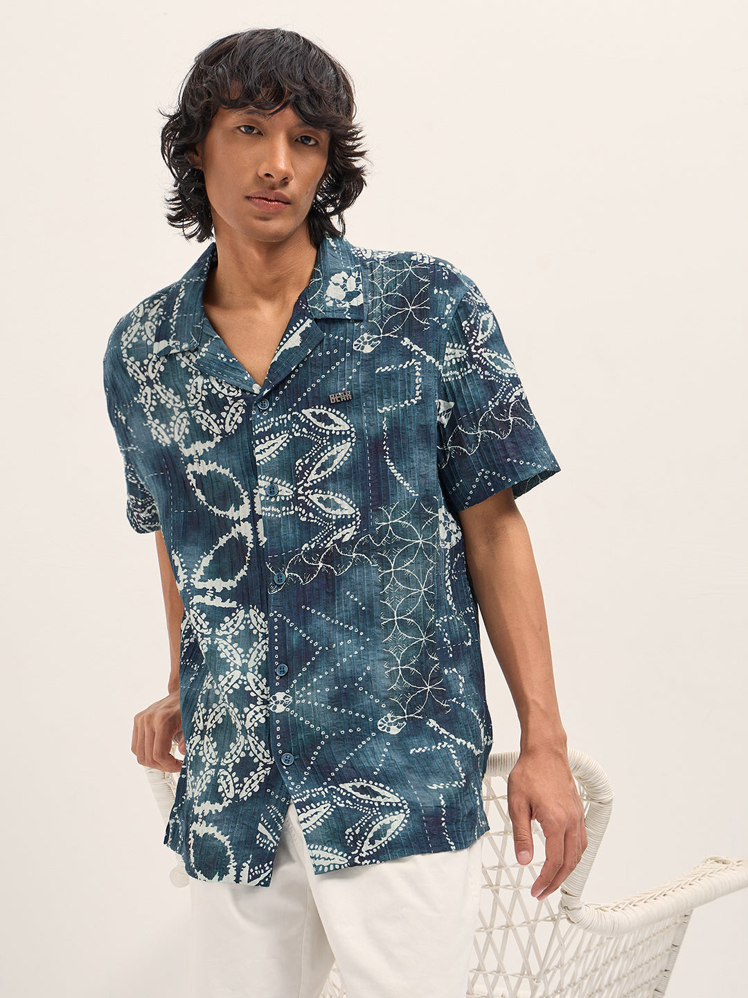 blue viscose paisley print relaxed fit cuban collar shirt blue viscose paisley print relaxed fit cuban collar shirt