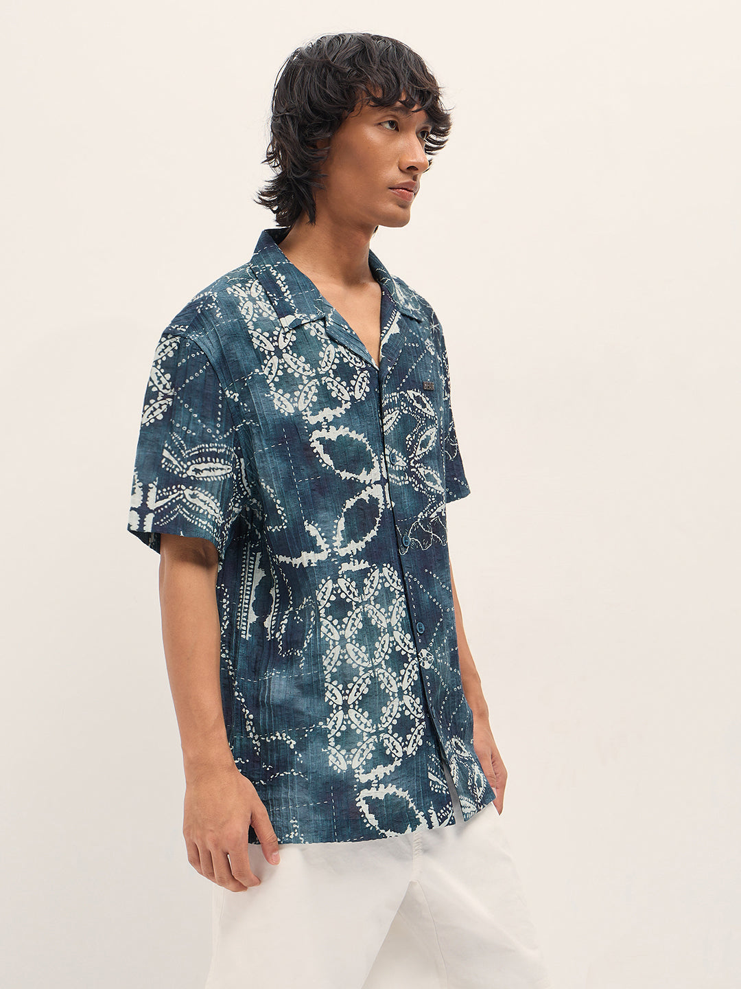 blue viscose paisley print relaxed fit cuban collar shirt blue viscose paisley print relaxed fit cuban collar shirt