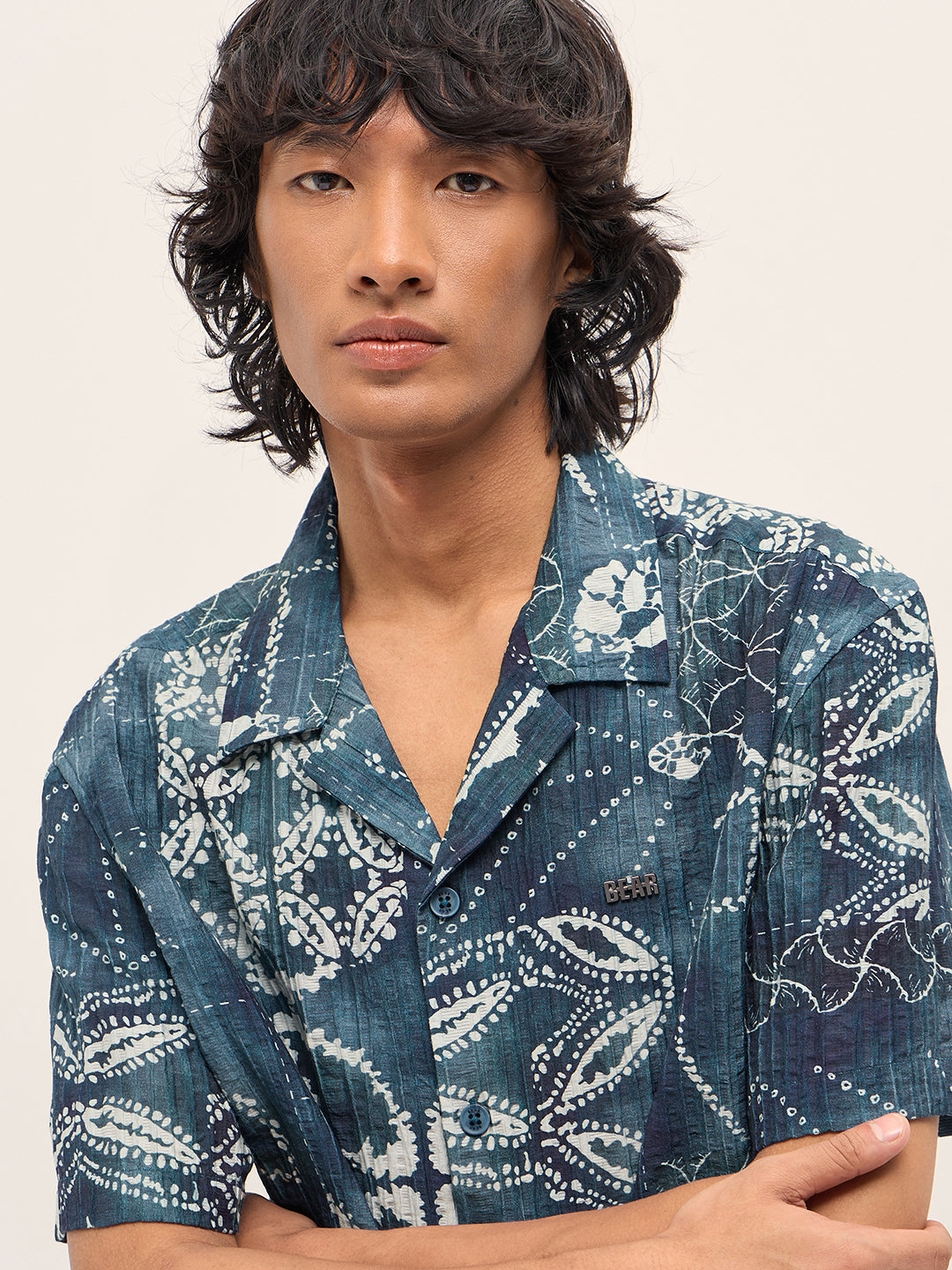 blue viscose paisley print relaxed fit cuban collar shirt blue viscose paisley print relaxed fit cuban collar shirt