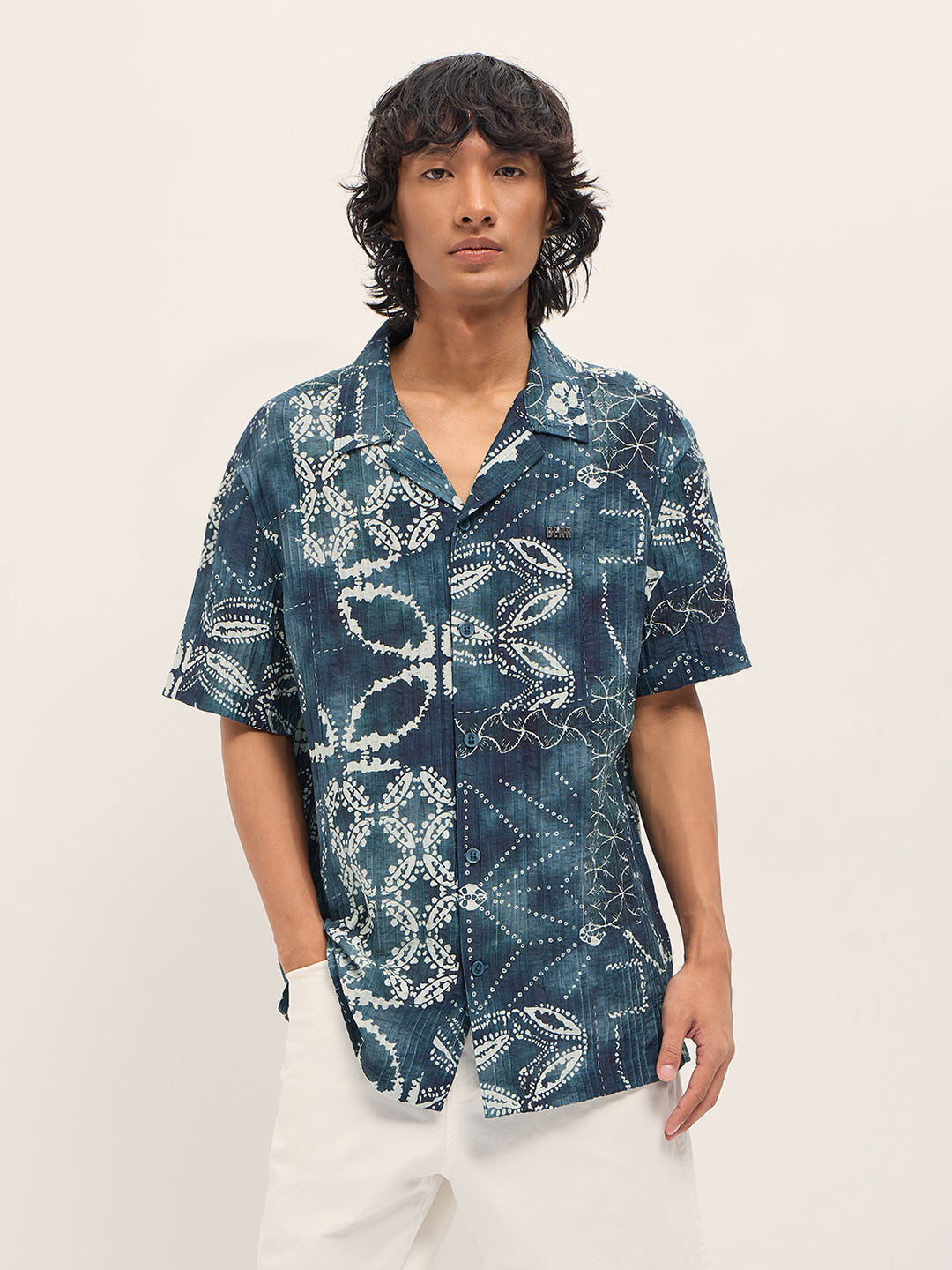 blue viscose paisley print relaxed fit cuban collar shirt blue viscose paisley print relaxed fit cuban collar shirt