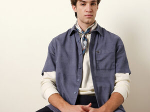 blue relaxed fit casual half sleeve shirt with textured horizontal stripes