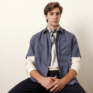 blue relaxed fit casual half sleeve shirt with textured horizontal stripes