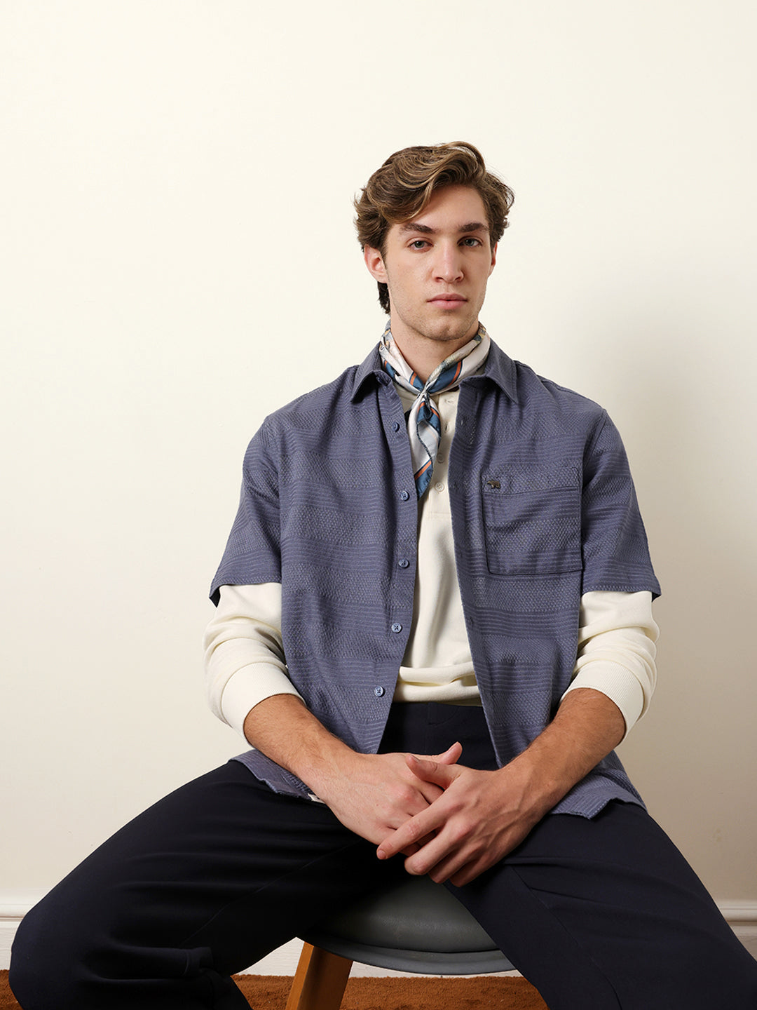 blue relaxed fit casual half sleeve shirt with textured horizontal stripes blue relaxed fit casual half sleeve shirt with textured horizontal stripes