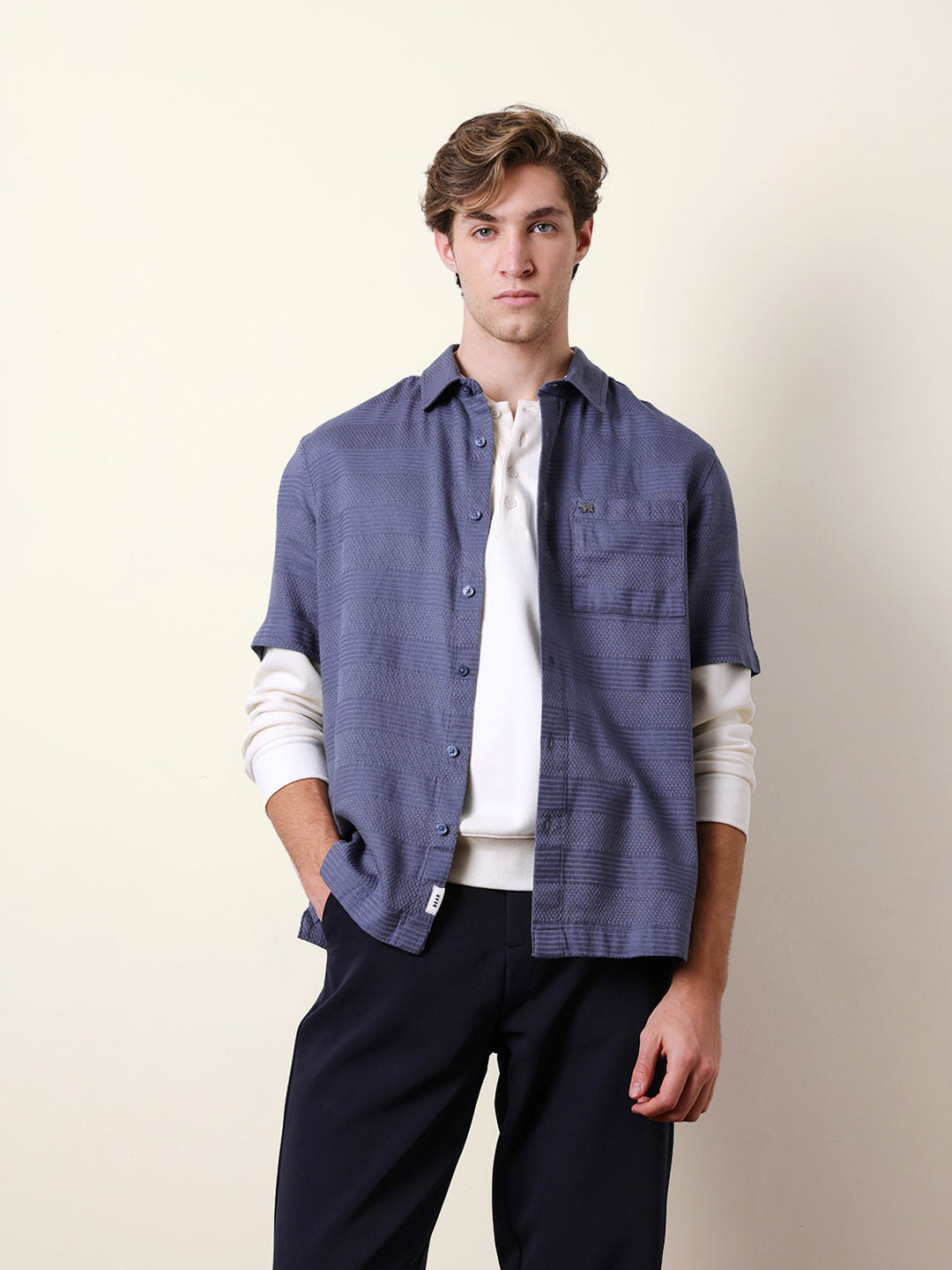 blue relaxed fit casual half sleeve shirt with textured horizontal stripes blue relaxed fit casual half sleeve shirt with textured horizontal stripes