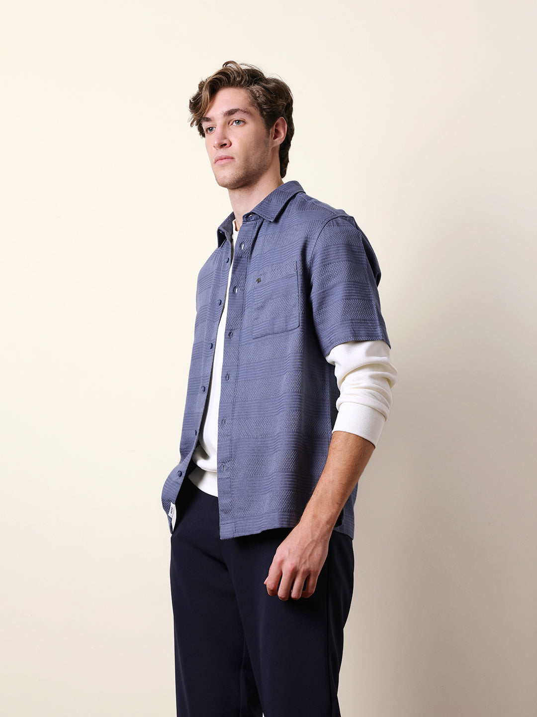 blue relaxed fit casual half sleeve shirt with textured horizontal stripes blue relaxed fit casual half sleeve shirt with textured horizontal stripes
