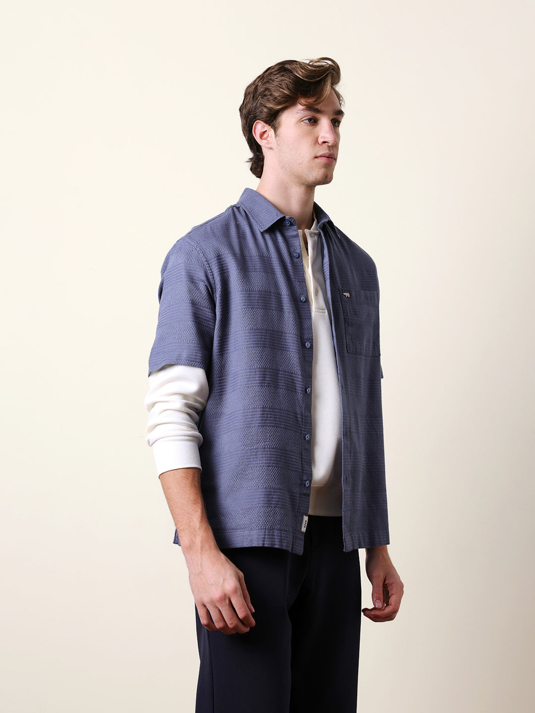 blue relaxed fit casual half sleeve shirt with textured horizontal stripes blue relaxed fit casual half sleeve shirt with textured horizontal stripes