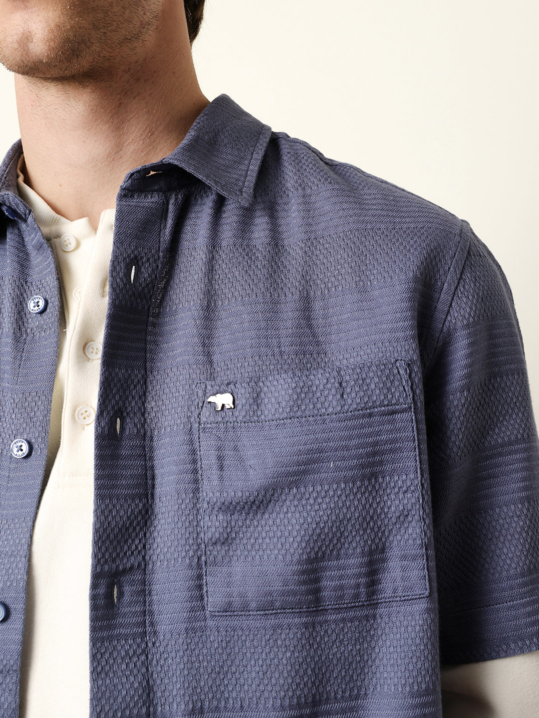 blue relaxed fit casual half sleeve shirt with textured horizontal stripes blue relaxed fit casual half sleeve shirt with textured horizontal stripes