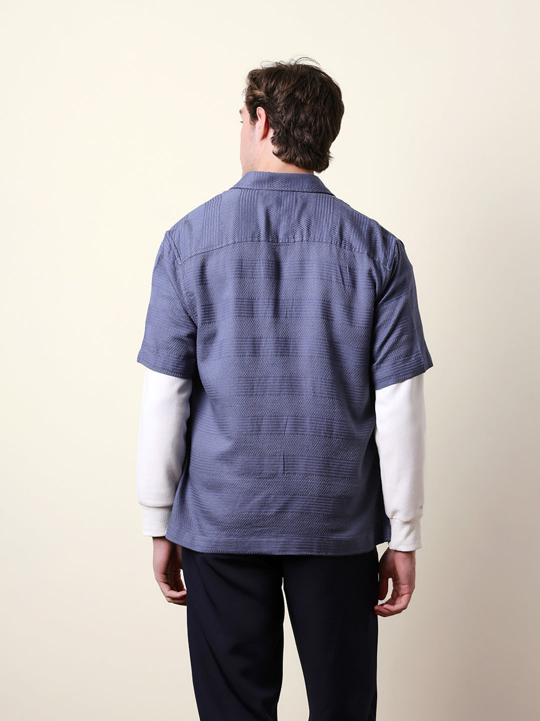 blue relaxed fit casual half sleeve shirt with textured horizontal stripes blue relaxed fit casual half sleeve shirt with textured horizontal stripes