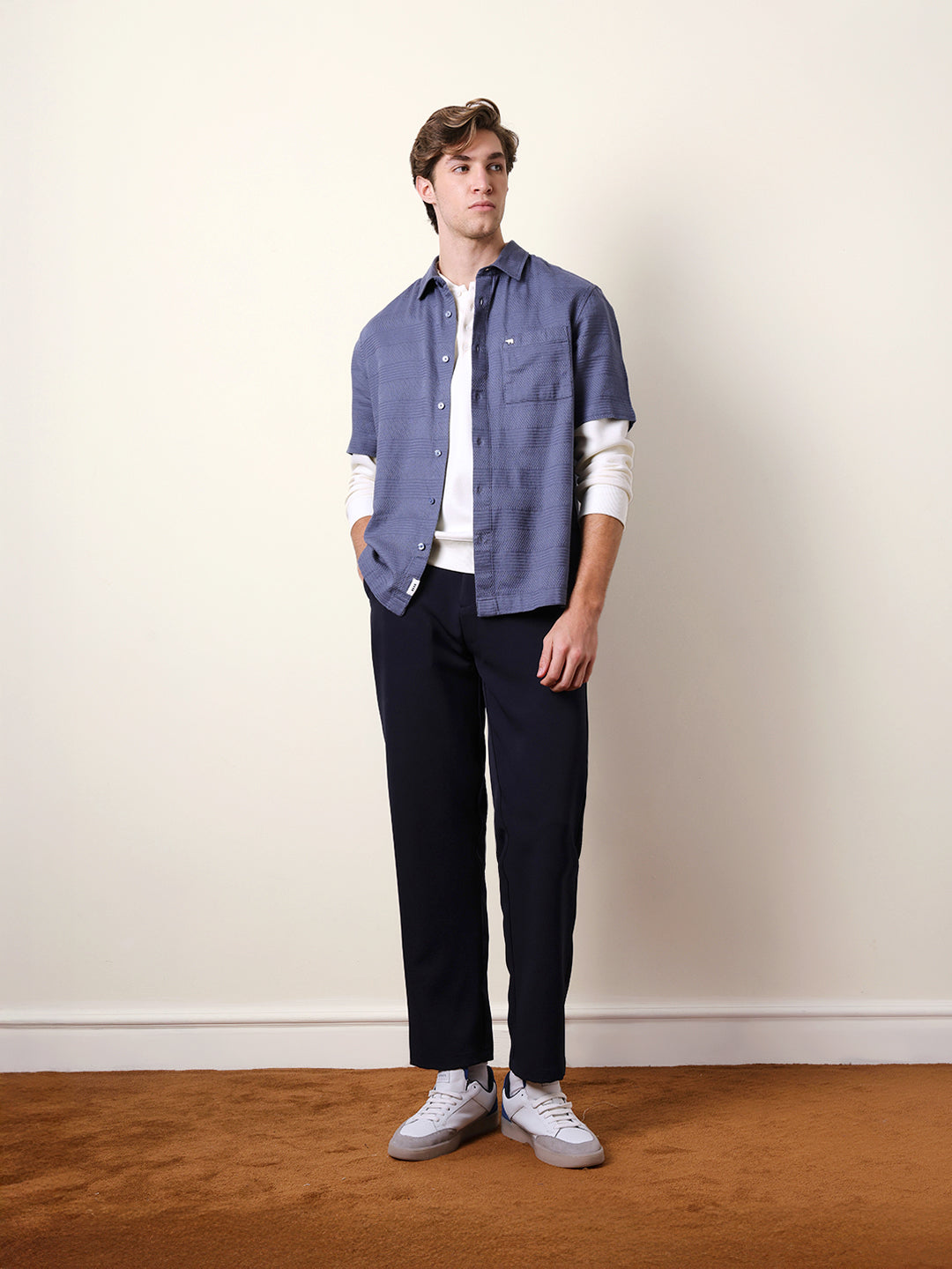 blue relaxed fit casual half sleeve shirt with textured horizontal stripes blue relaxed fit casual half sleeve shirt with textured horizontal stripes
