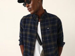 blue & mustard woven checked slim fit casual shirt