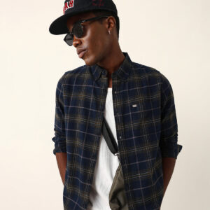 blue & mustard woven checked slim fit casual shirt
