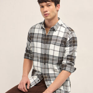 cream & brown woven check regular fit casual shirt