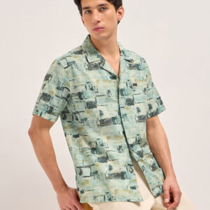 multicolor relaxed fit cuban collar shirt with brick geometric print
