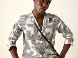 beige & black geometric printed regular fit casual shirt