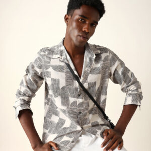 beige & black geometric printed regular fit casual shirt