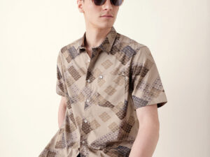 beige regular fit casual shirt with geometric floral grid print