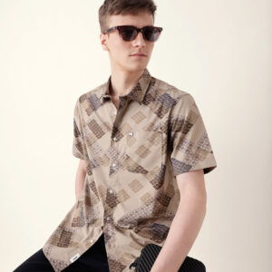 beige regular fit casual shirt with geometric floral grid print