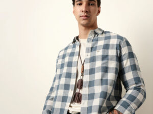 blue with cream woven checks slim fit casual shirt