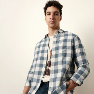 blue with cream woven checks slim fit casual shirt