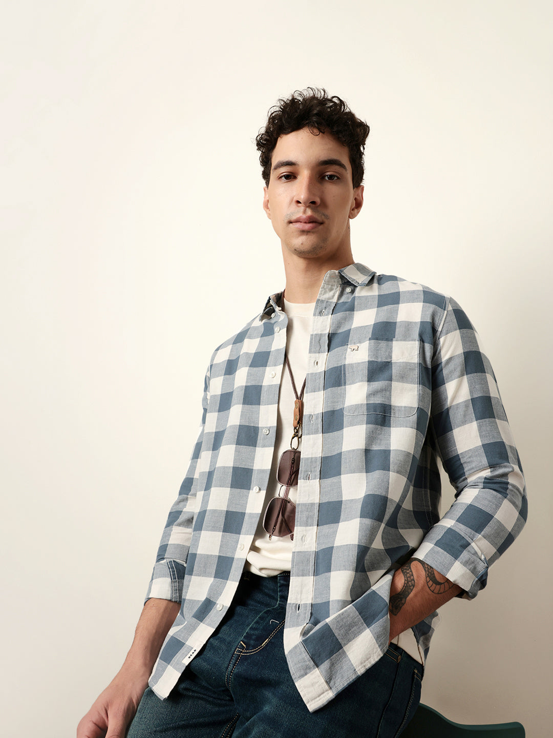 blue with cream woven checks slim fit casual shirt blue with cream woven checks slim fit casual shirt