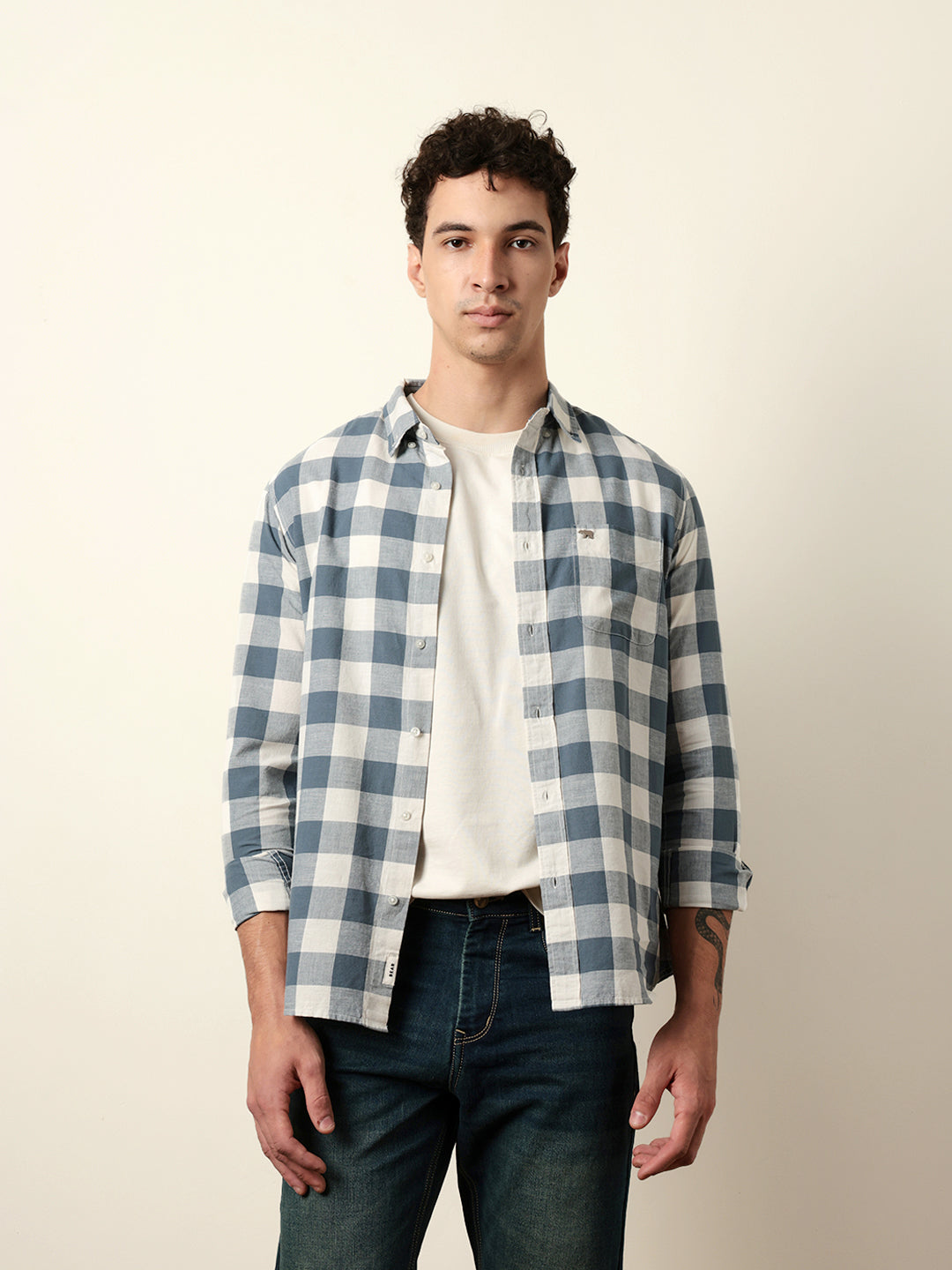 blue with cream woven checks slim fit casual shirt blue with cream woven checks slim fit casual shirt