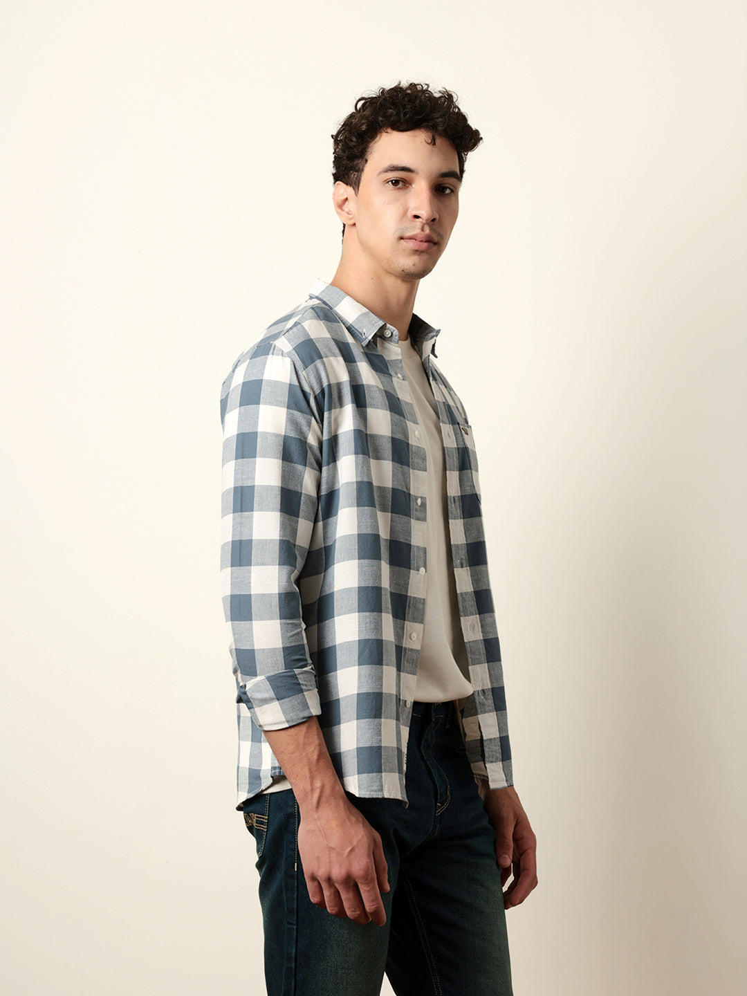 blue with cream woven checks slim fit casual shirt blue with cream woven checks slim fit casual shirt