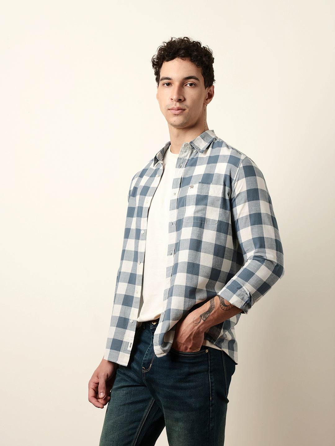 blue with cream woven checks slim fit casual shirt blue with cream woven checks slim fit casual shirt