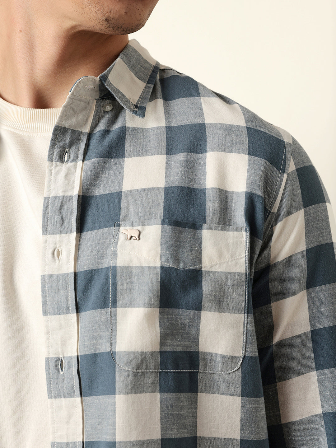 blue with cream woven checks slim fit casual shirt blue with cream woven checks slim fit casual shirt