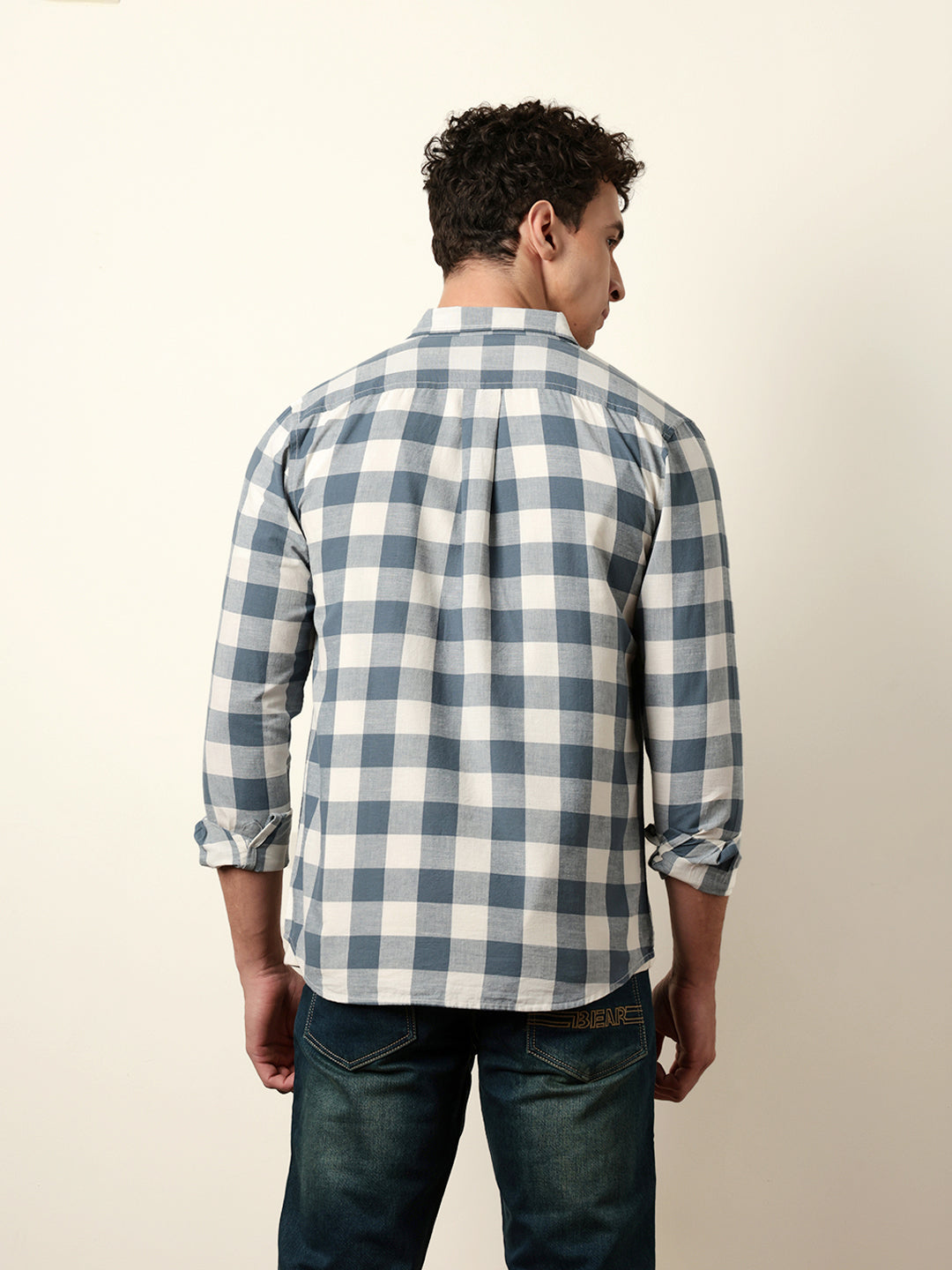 blue with cream woven checks slim fit casual shirt blue with cream woven checks slim fit casual shirt