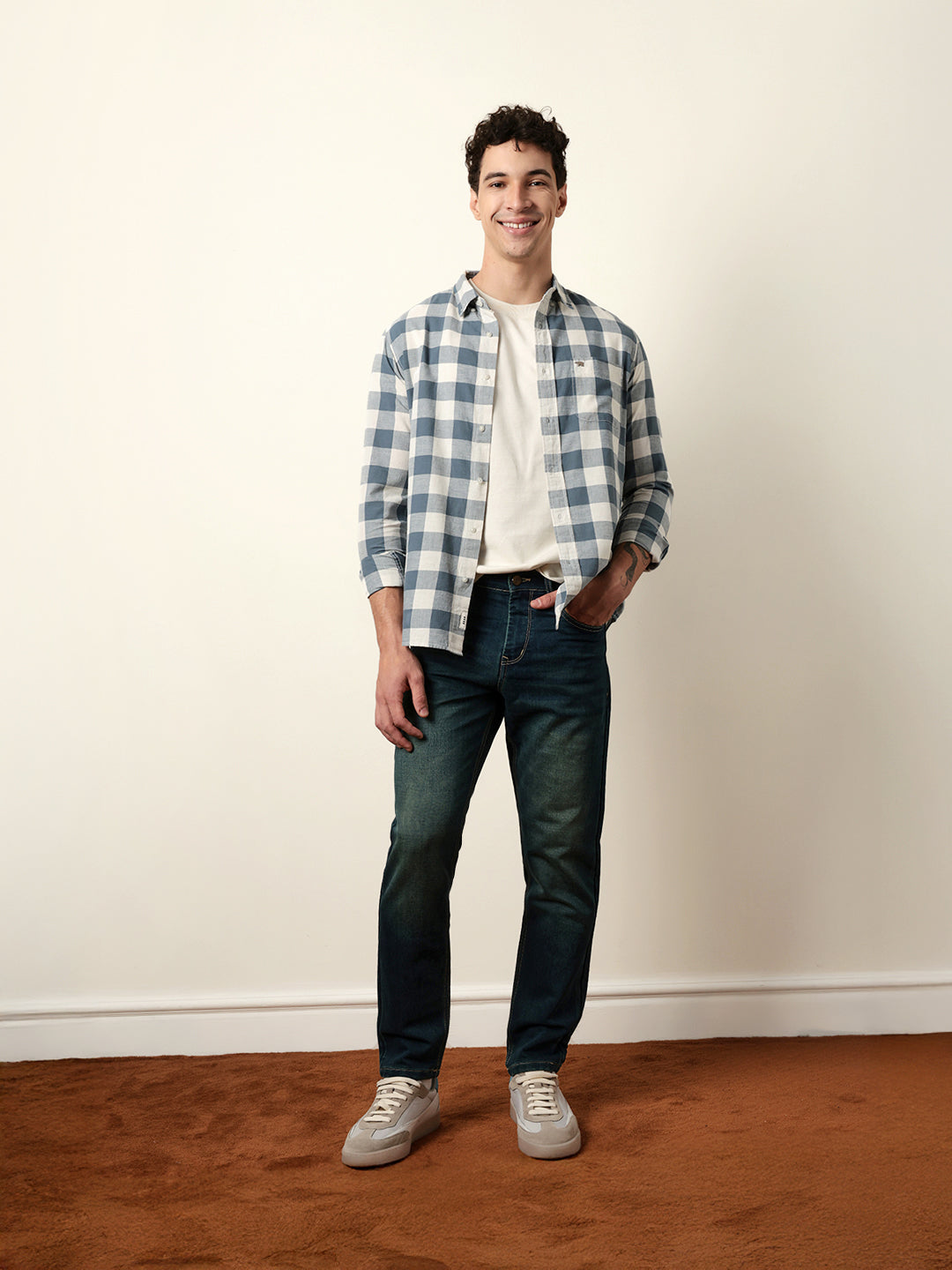 blue with cream woven checks slim fit casual shirt blue with cream woven checks slim fit casual shirt
