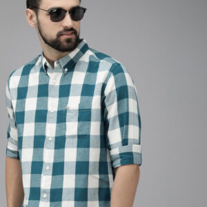men teal green cotton checked slim flannel shirt