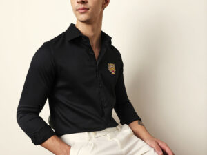 black tailored fit tiger embroidery formal party shirt
