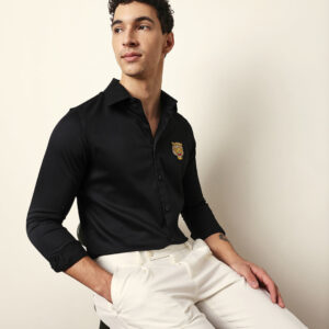 black tailored fit tiger embroidery formal party shirt