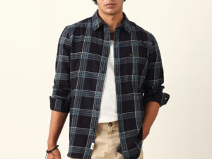 black woven tartan checked slim fit casual shirt