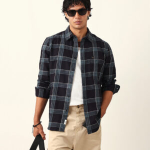 black woven tartan checked slim fit casual shirt