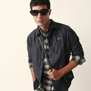 grey textured woven self design slim fit casual shirt