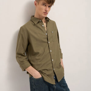 dark green cotton linen slim fit solid casual shirt