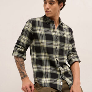black woven check regular fit casual shirt