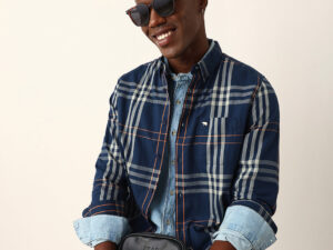 blue & beige windowpane checked slim fit woven casual shirt