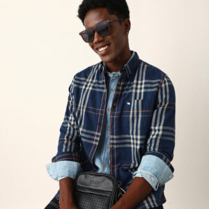 blue & beige windowpane checked slim fit woven casual shirt