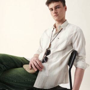 cream crinkled vertical striped slim fit casual shirt