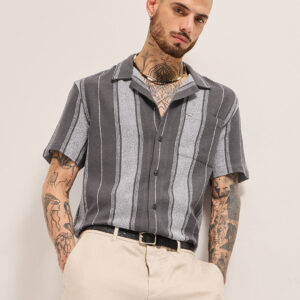 grey striped regular fit casual shirt with cuban collar design