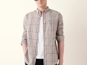beige woven tartan checked slim fit casual shirt