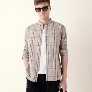 beige woven tartan checked slim fit casual shirt