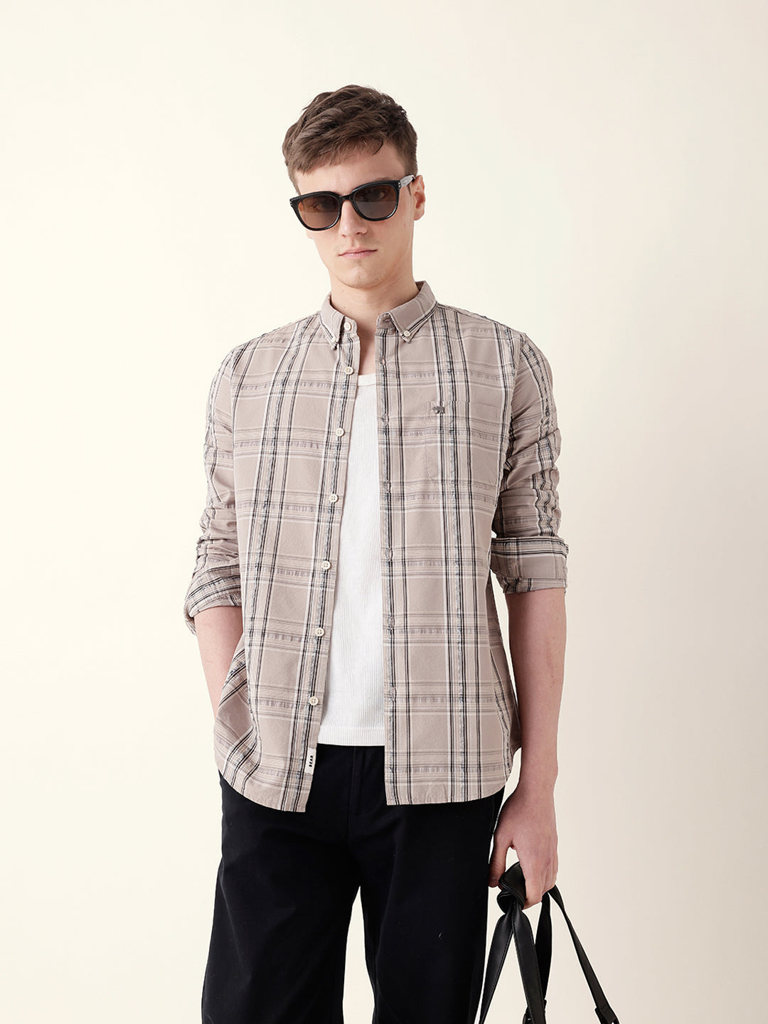 beige woven tartan checked slim fit casual shirt beige woven tartan checked slim fit casual shirt