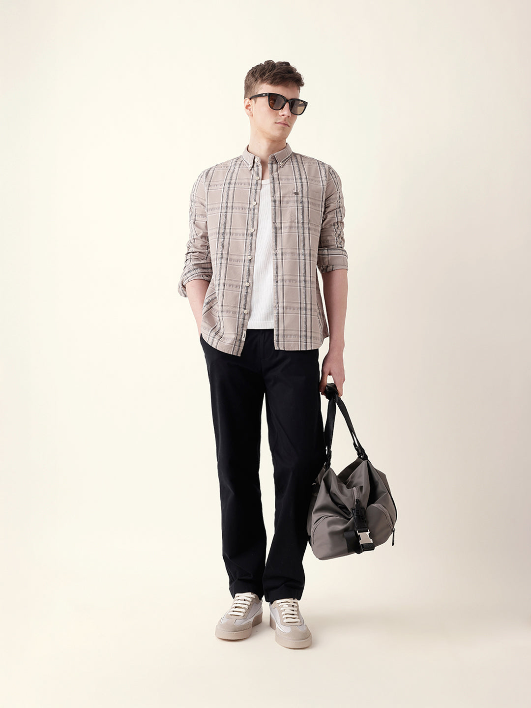 beige woven tartan checked slim fit casual shirt beige woven tartan checked slim fit casual shirt
