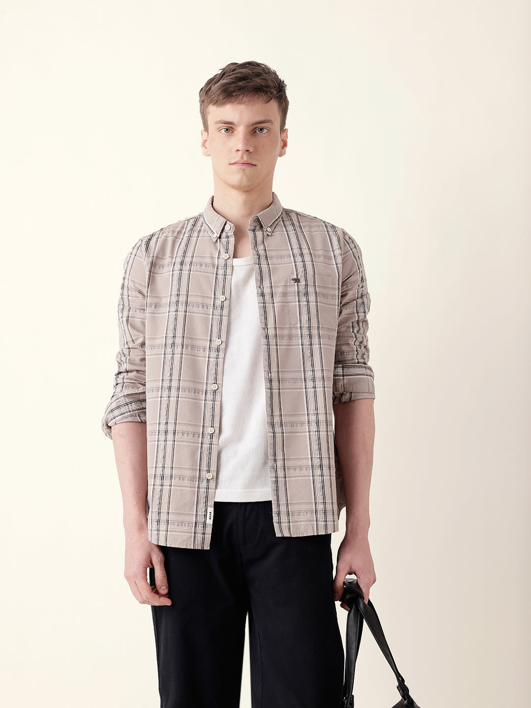 beige woven tartan checked slim fit casual shirt beige woven tartan checked slim fit casual shirt