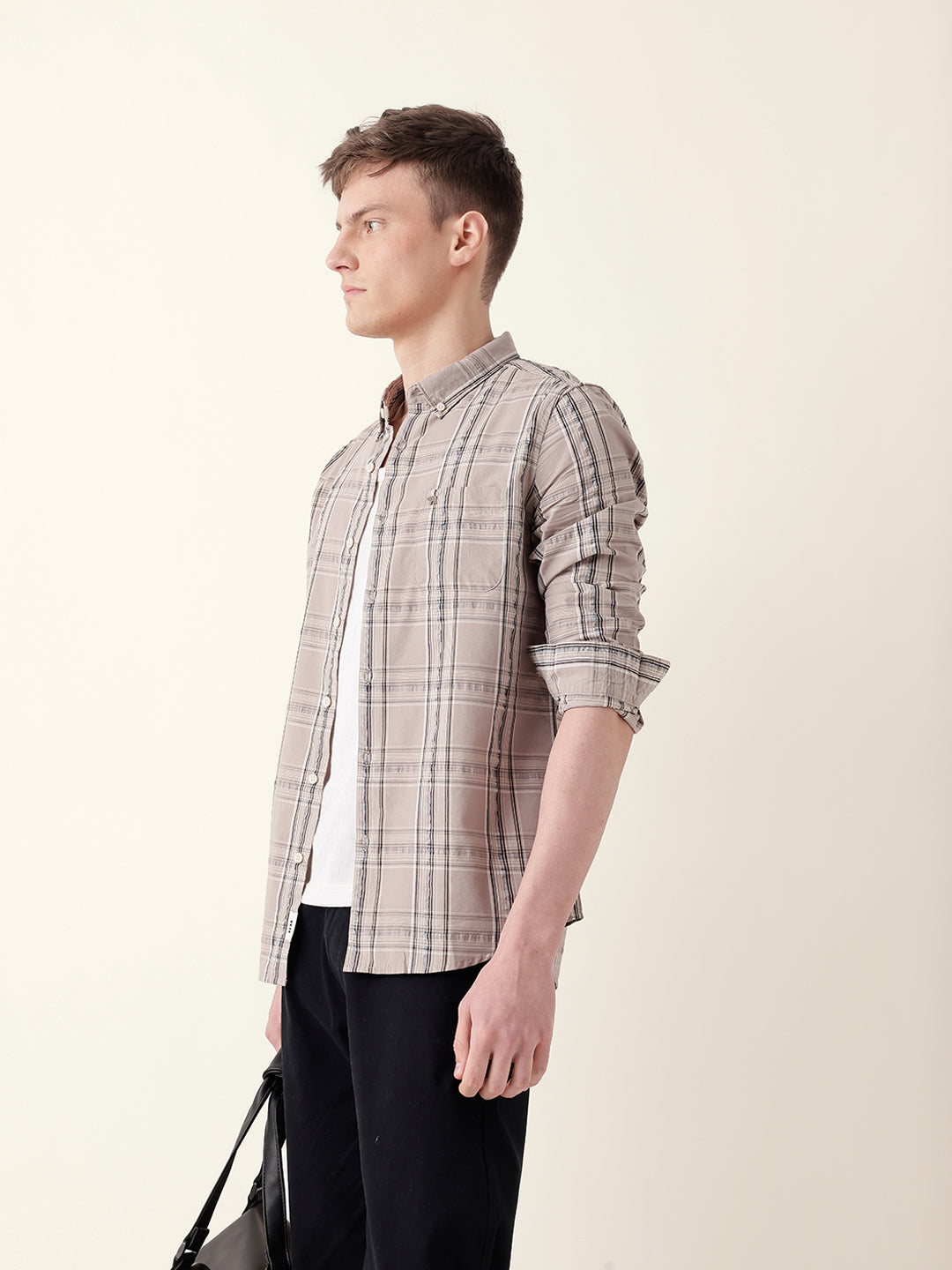 beige woven tartan checked slim fit casual shirt beige woven tartan checked slim fit casual shirt