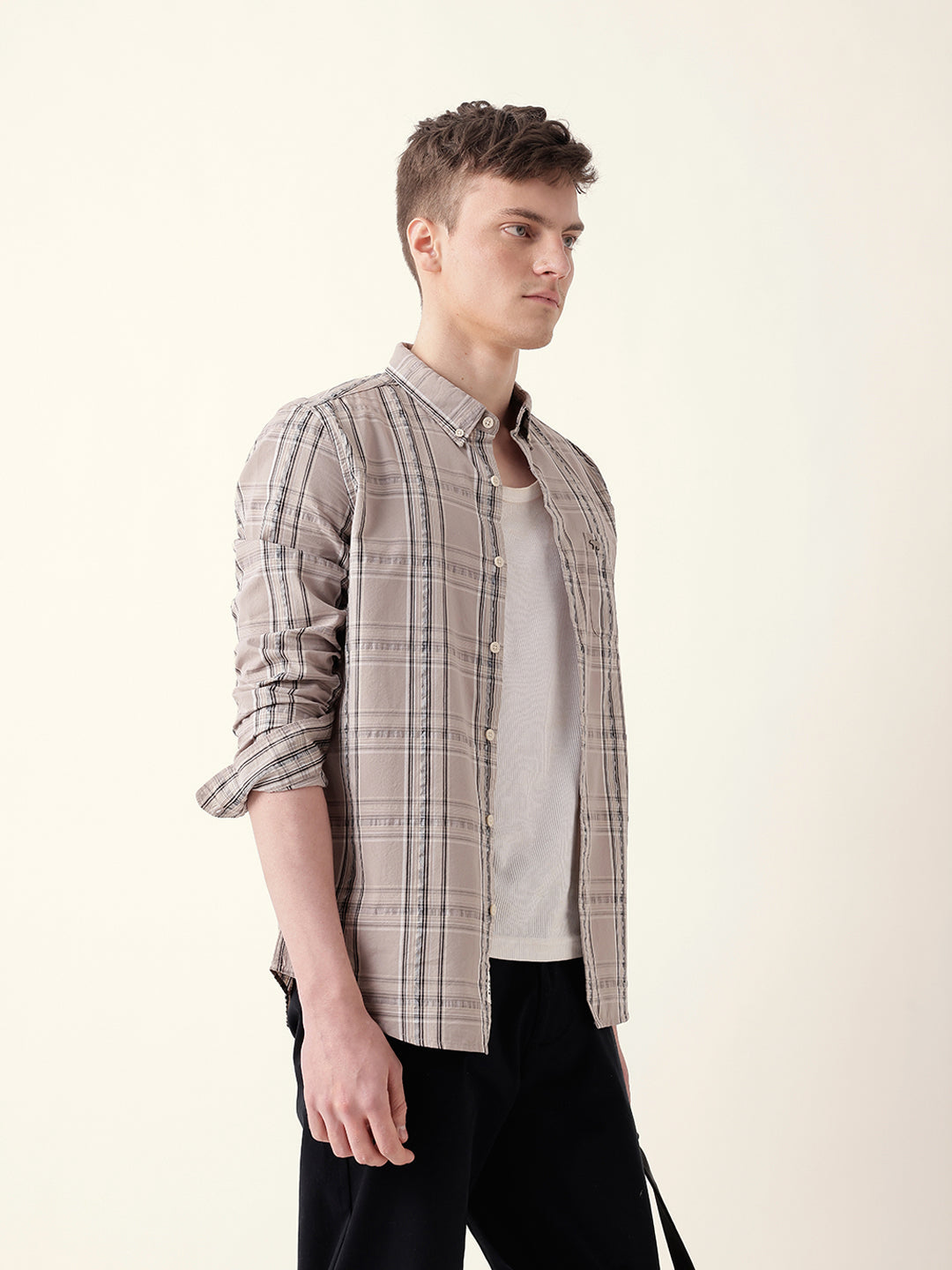 beige woven tartan checked slim fit casual shirt beige woven tartan checked slim fit casual shirt