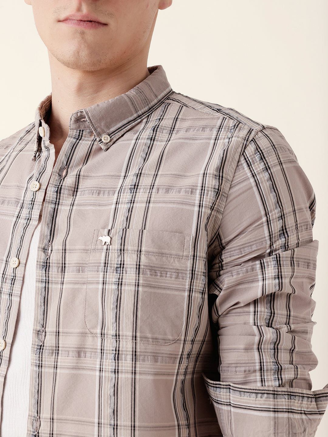 beige woven tartan checked slim fit casual shirt beige woven tartan checked slim fit casual shirt